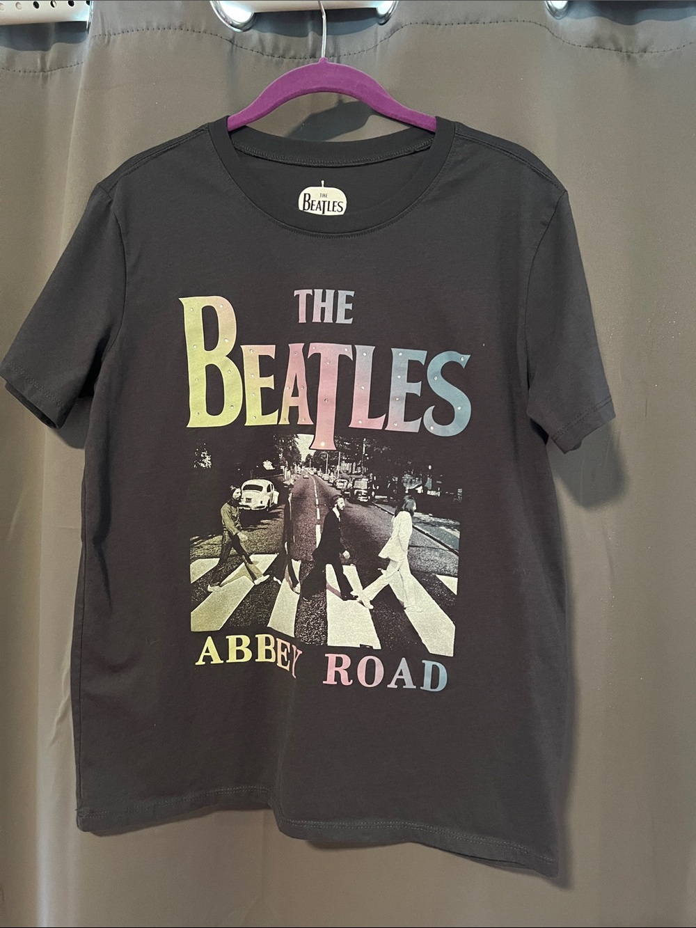 The Beatles Black Abbey Road Tee with Pastel Logo and bling